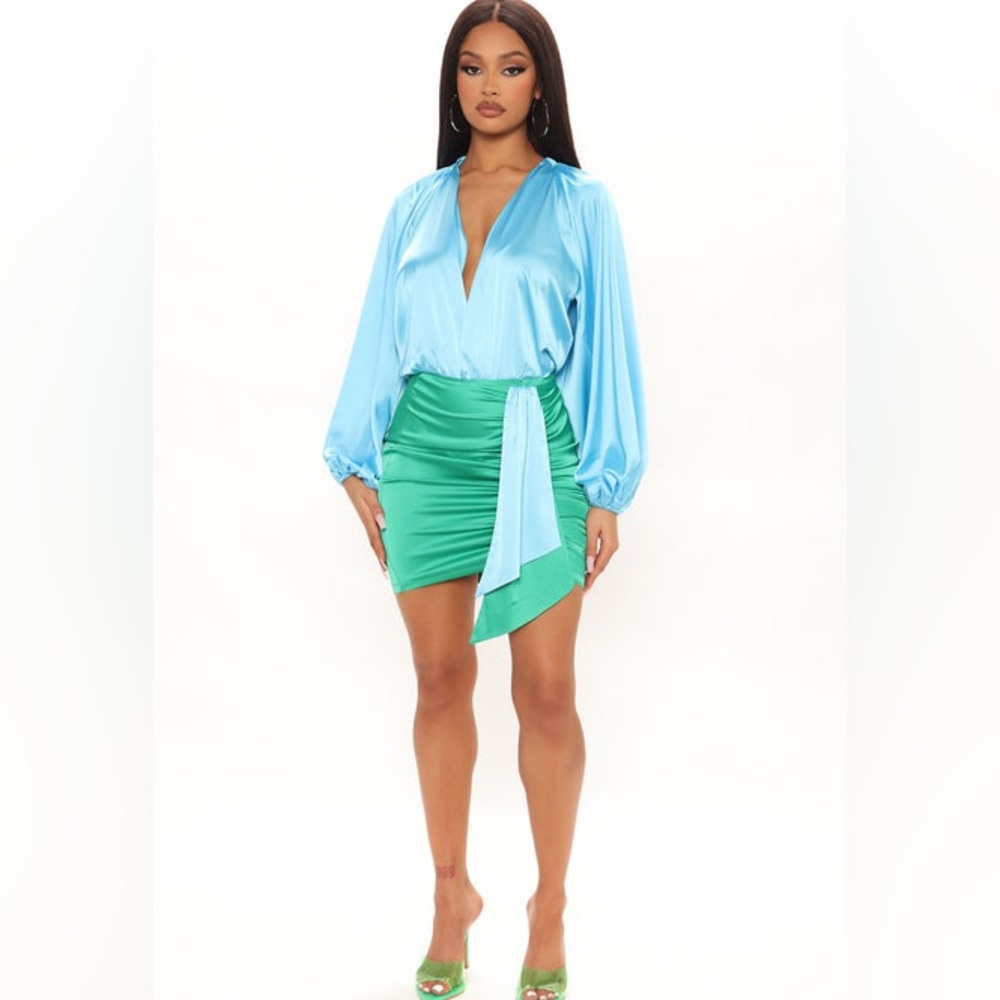 NWT. Blue and Green Satin Skirt Set